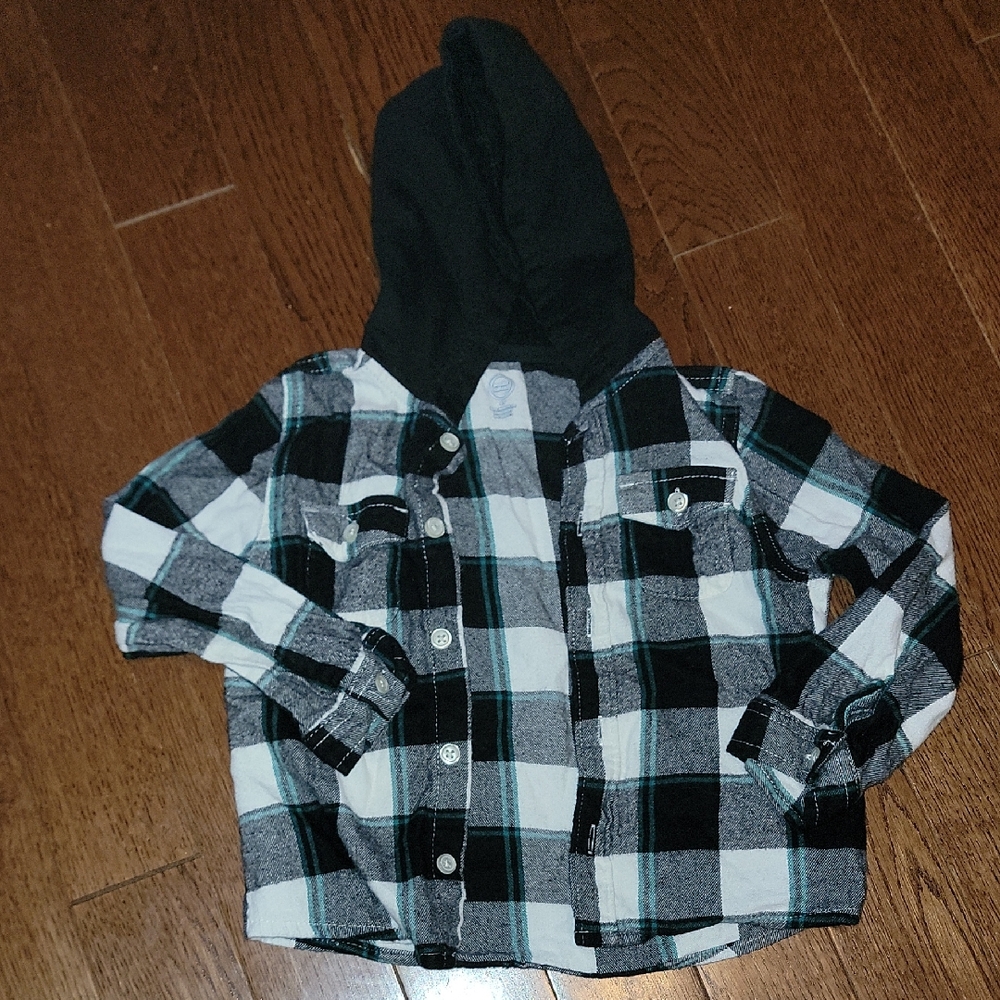 Kids Black and White Plaid Shirt with Hood 4T